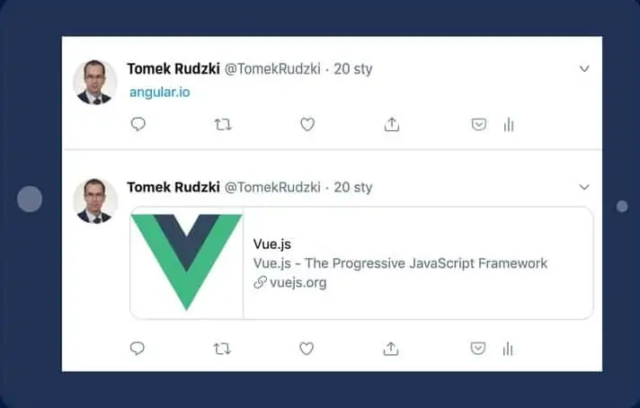 Angular.io ve Vue.js bağlantıları Twitter'da paylaştığınızda nasıl görünüyor