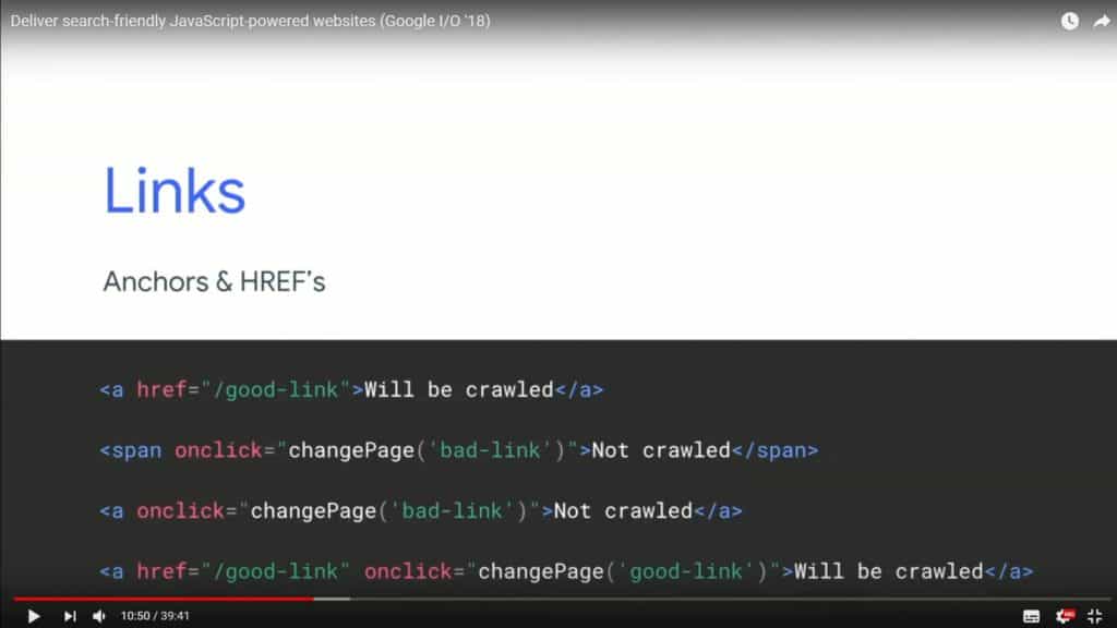 Çapa bağlantıları ve HREF bağlantıları hakkında 2018'deki Google IO konferansından ekran görüntüsü