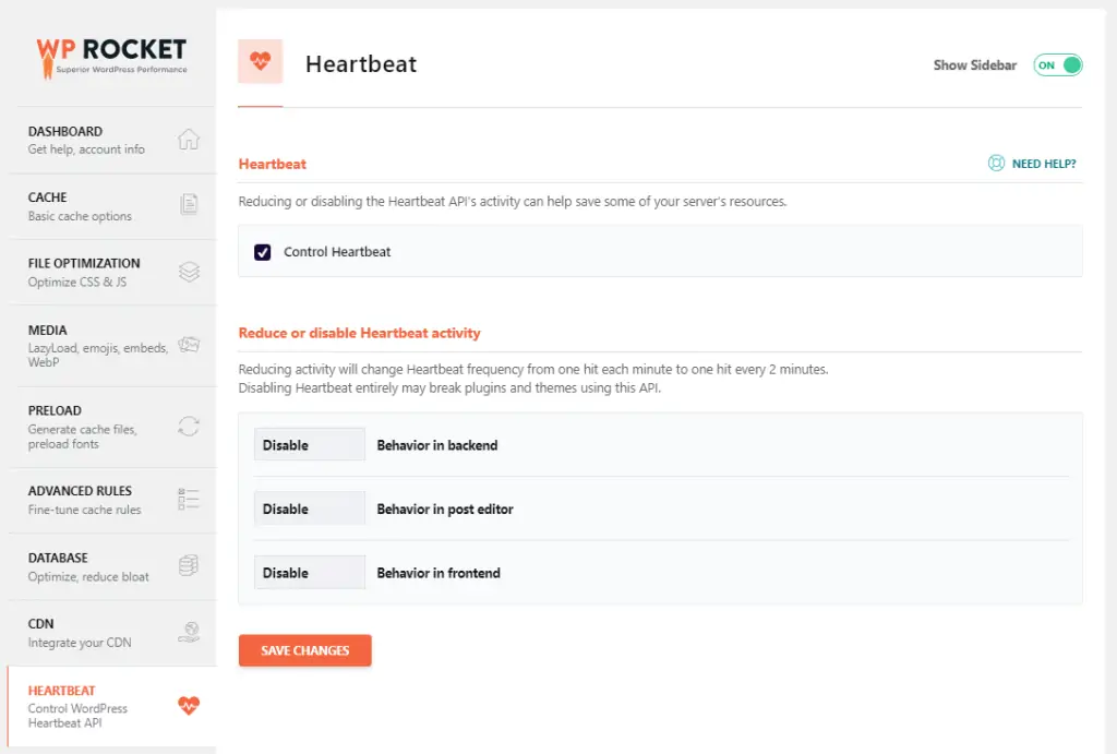Heartbeat Control by WP Rocket wordpress eklentisi